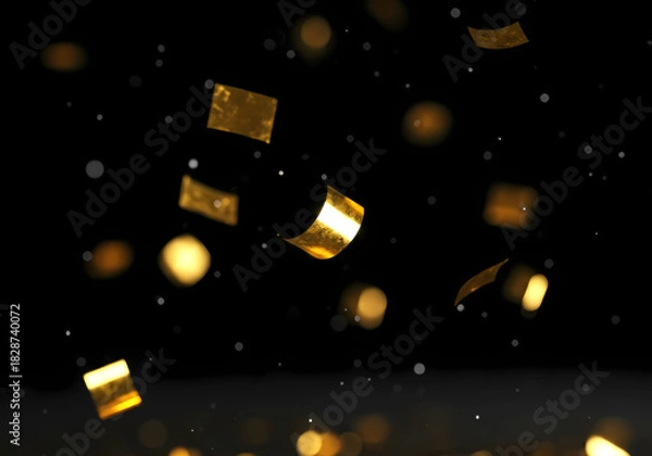 Obraz キラキラと舞い落ちるメタリックなコンフェッティの背景素材　金色の紙吹雪