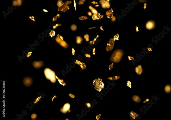 Obraz キラキラと舞い落ちるメタリックなコンフェッティの背景素材　金色の紙吹雪