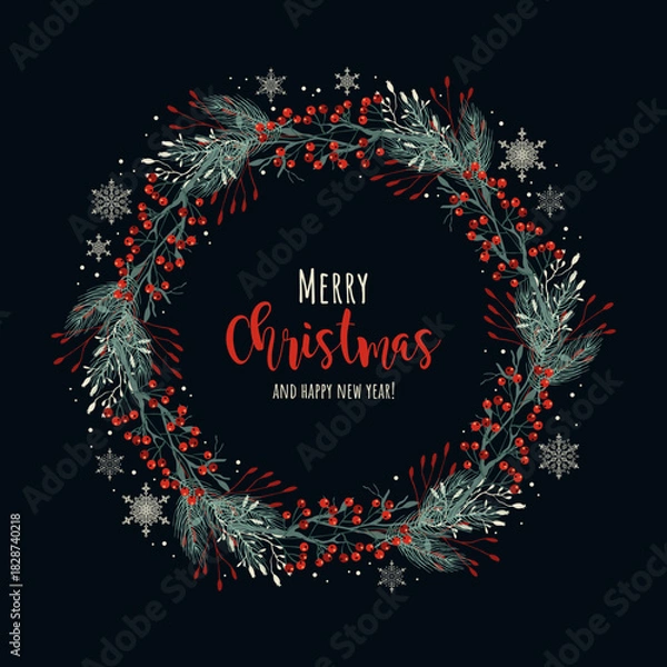 Fototapeta Christmas and happy new year wreath. Berries and leaves. Vector illustration. Nature design greeting card template. Winter holidays.