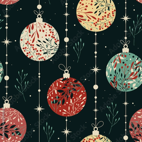 Fototapeta Winter seamless pattern with christmas balls. Berries and plants. Background for wrapping paper, fabric print, greeting cards. Winter Holiday design.