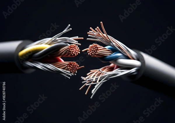 Obraz 剥き出しの電線端と通信ケーブルの構造　断線