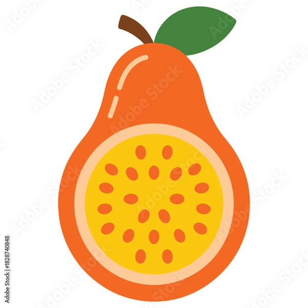 Fototapeta Passion fruit cut in half shows bright orange colors and seeds