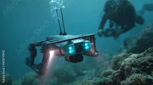 Obraz Robotic fish drones monitoring coral reefs glowing sensors