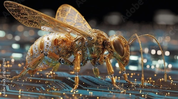 Obraz Robotic insect golden wings standing on glowing motherboard landscape