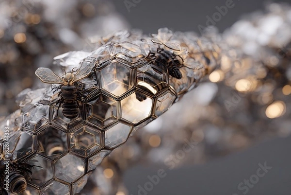 Obraz Robotic swarm bee constructing futuristic honeycomb structure made of light