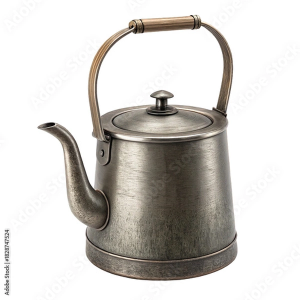 Obraz Antique silver tea kettle with wooden handle isolated on transparent background