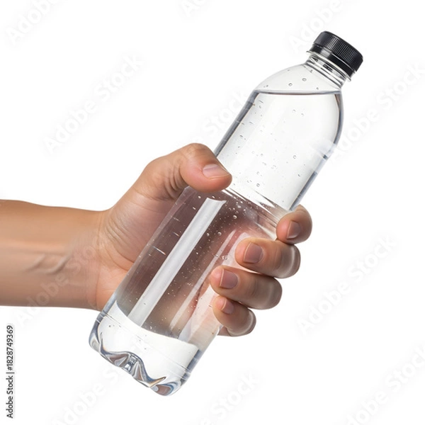 Obraz Hand holding a plastic water bottle with clear liquid, isolated on transparent background