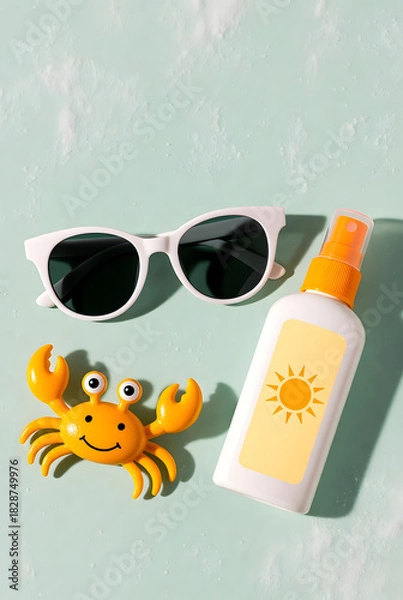 Obraz Summer Flat Lay with Sunscreen, Sunglasses and Toy Crab on Mint Background