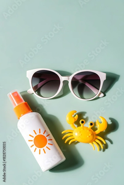 Fototapeta Summer Flat Lay with Sunscreen, Sunglasses and Toy Crab on Mint Background