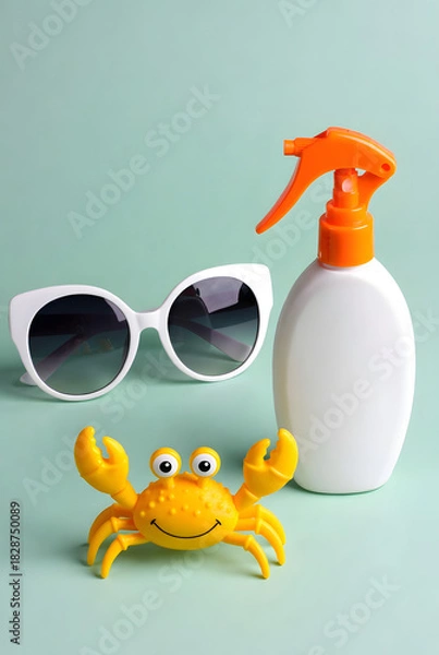 Obraz Summer Flat Lay with Sunscreen, Sunglasses and Toy Crab on Mint Background