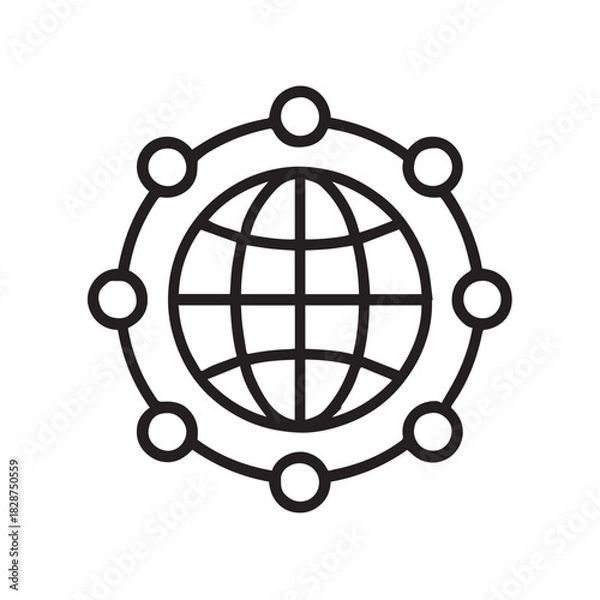 Fototapeta Global Network Connection Concept Globe with Connected Nodes Thin Line Icon