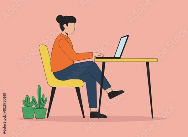 Fototapeta Illustration of person working on laptop at desk with plants