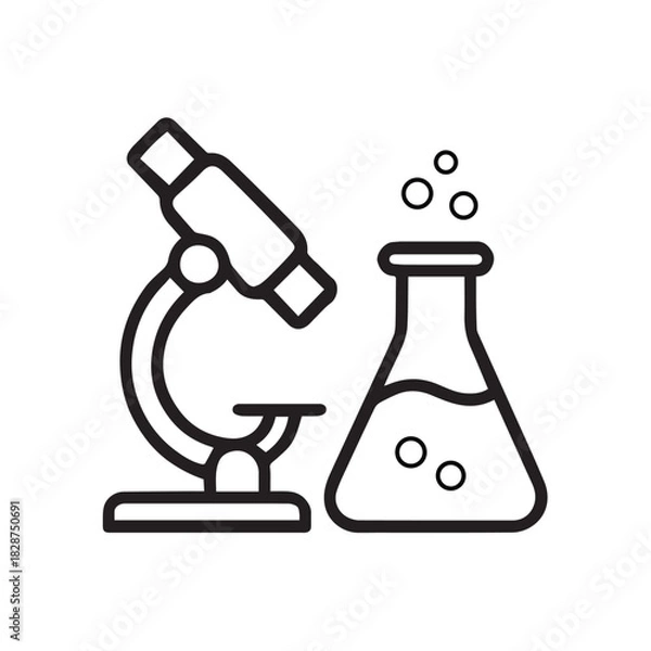 Fototapeta Microscope and beaker outline for science and research concepts