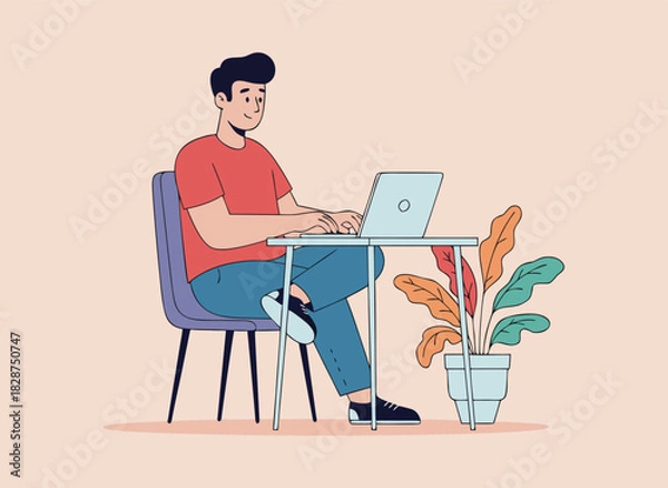 Fototapeta Man working on laptop at desk with plant, remote work, stay home