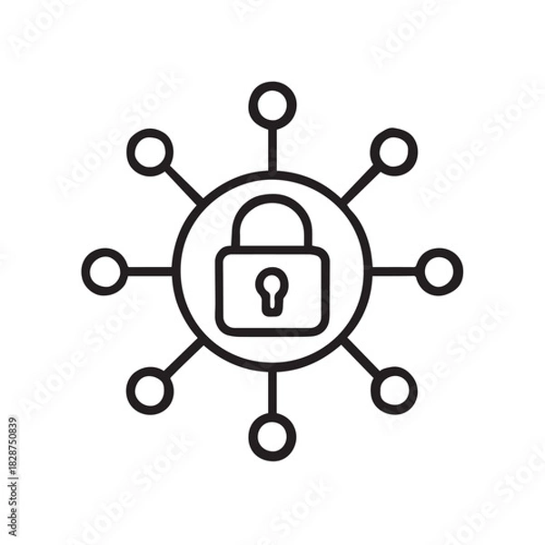 Fototapeta Network Security Concept with Padlock Connecting Nodes Illustration in Line Style
