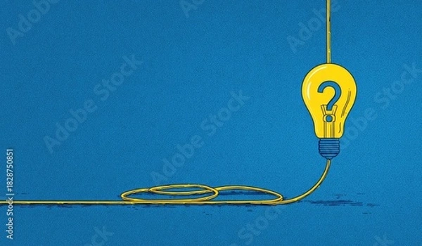 Obraz Illustrated lightbulb with a question mark, emitting a yellow glow, suspended against a blue backdrop