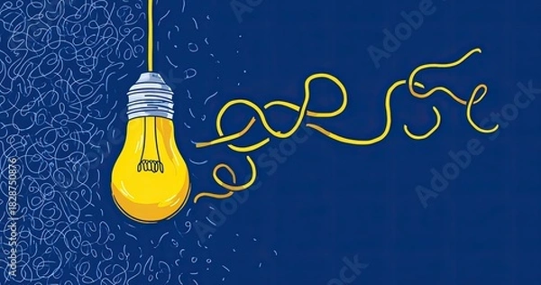 Obraz A lit lightbulb hangs from a wire, connected to abstract scribble, set against a deep blue background