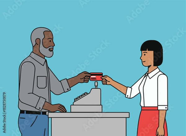 Fototapeta Customer making contactless payment with credit card at store