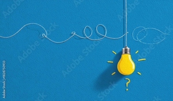Obraz A bright yellow lightbulb with glowing rays hangs on a blue surface, concept of an idea