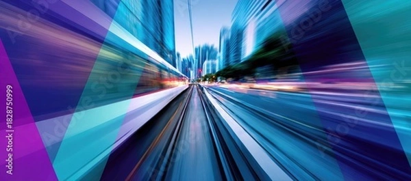 Obraz A perspective shot of a moving train passing through a city, with speed lines and overlaid abstract shapes