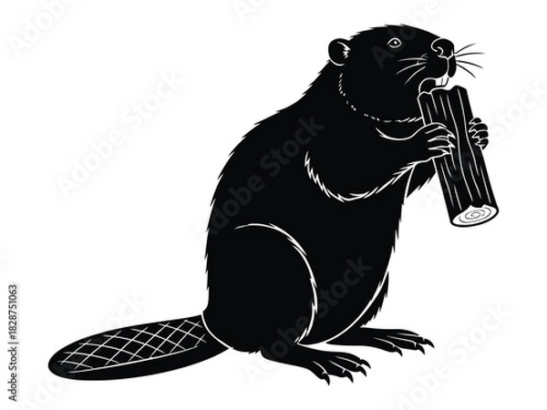 Fototapeta Black silhouette of a beaver holding a log, a symbol of nature and industry