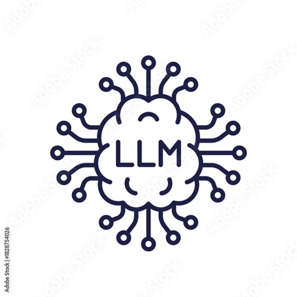 Obraz LLM icon, Large Language Model line design with brain