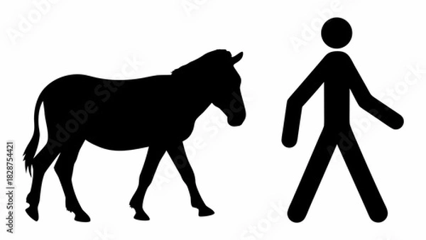 Fototapeta Striking silhouette of a donkey alongside a walking figure, perfect for symbolic illustrations or representing companionship and journeys