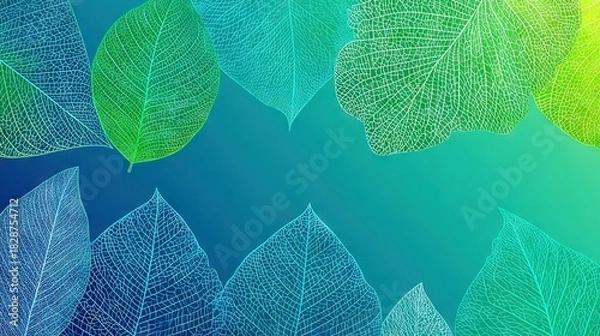 Fototapeta Abstract leaf border with intricate vein lines on vibrant teal background