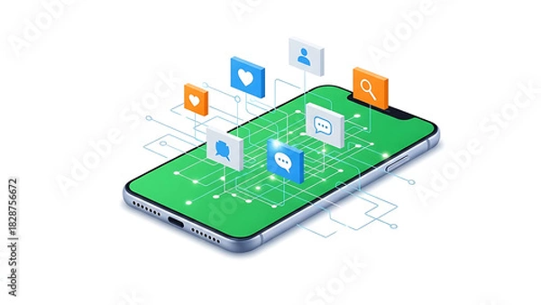 Fototapeta Modern smartphone with social media icons floating around it, symbolizing digital communication and online engagement