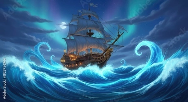Obraz Majestic galleon sailing through stormy seas beneath the moonlit aurora, perfect for fantasy book covers or nautical adventure games, creating an atmosphere of mystery