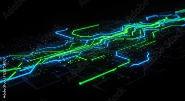 Obraz Modern tech background with vibrant blue and green glowing circuit patterns for cutting-edge technology solutions and digital innovation promotion