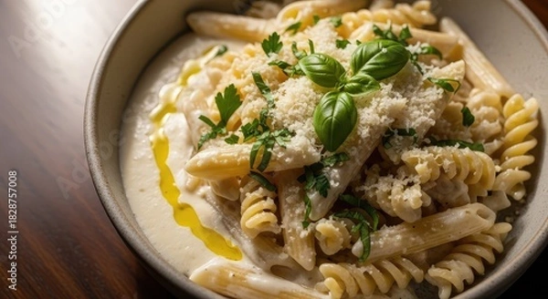Obraz Creamy parmesan pasta with fresh basil and herbs is a delicious and comforting Italian meal, perfect for a cozy night in or an elegant dinner party