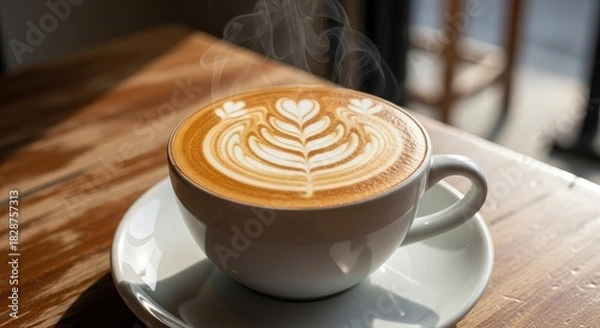 Obraz Enjoy a delicious latte with beautiful latte art on a sunny morning, perfect for coffee lovers and cafe vibes or breakfast promotions with steaming coffee