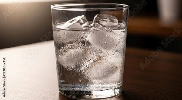 Obraz Refreshing glass of ice water on a dark wooden table, perfect for summer promotions or health and wellness campaigns, offering cool hydration and pure refreshment