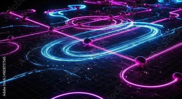 Obraz Dynamic neon network connecting nodes with vibrant blue and pink light trails, perfect for tech innovation, futuristic designs and modern communication concepts
