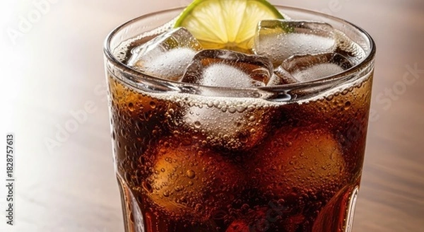 Obraz Refreshing cola cocktail with ice cubes and lime, perfect for hot summer days, enjoy the cool bubbly beverage at your next party for happy moments