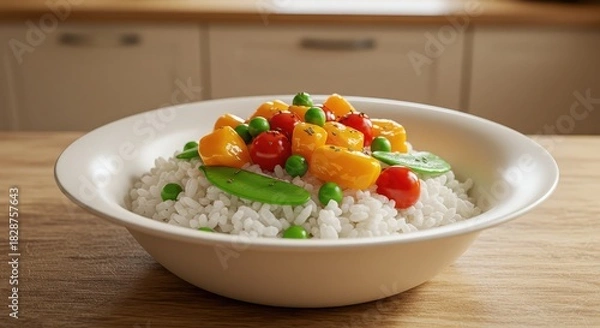 Obraz Enjoy a delicious bowl of rice topped with fresh vegetables for a healthy and vibrant meal, perfect for a quick lunch or a light dinner at home