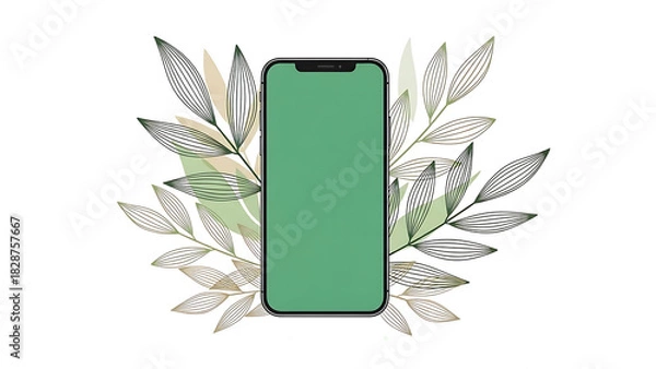 Fototapeta Modern smartphone mockup with a green screen display framed by elegant botanical leaves on a white background, a concept for nature and technology