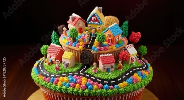 Obraz Whimsical cupcake village for a sweet celebration, a delightful treat with miniature houses and vibrant decorations, perfect for children's parties and themed events