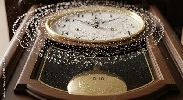 Obraz Elegant grandfather clock with water droplets creating a mesmerizing display of time and purity, a modern twist on a classic timepiece, perfect for home decor