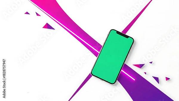 Fototapeta Modern smartphone with green screen, crossed design element, and abstract background concept
