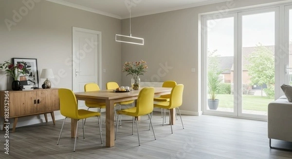 Obraz Brighten your home with this dining room interior featuring a wooden table and vibrant yellow chairs, perfect for family meals and entertaining guests, modern style