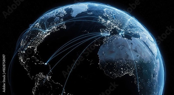 Obraz Global network connecting cities at night, visualize worldwide business connections and digital communication, futuristic earth with glowing city lights