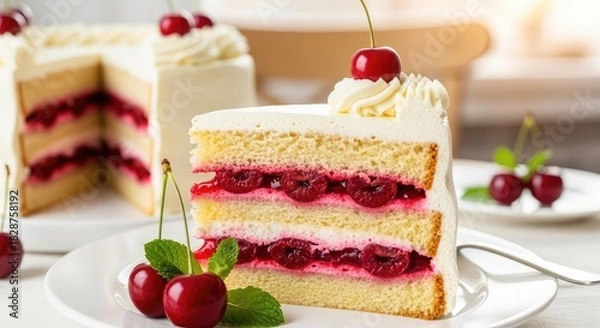 Obraz Indulge in a delicious cherry cake slice with creamy frosting and sweet filling for dessert, perfect for birthdays, celebrations, or a sweet afternoon treat