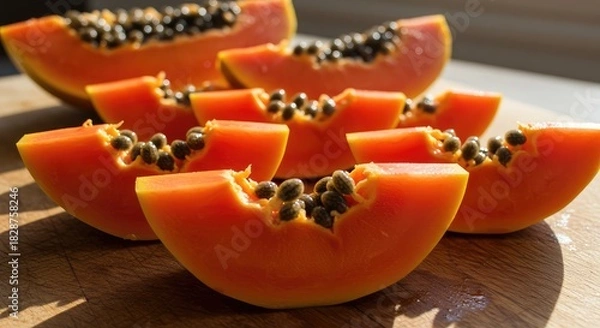 Obraz Enjoy vibrant papaya slices on wooden board, perfect for healthy living blogs or tropical recipe promotions, showcasing fresh fruit and natural goodness beautifully
