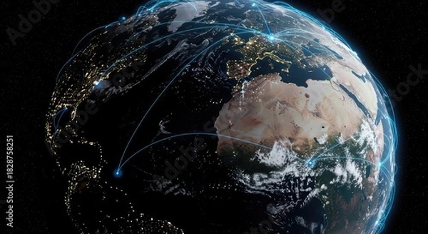 Obraz Global network connecting continents, showcasing worldwide communication and technology, a modern visual for international business and futuristic concepts