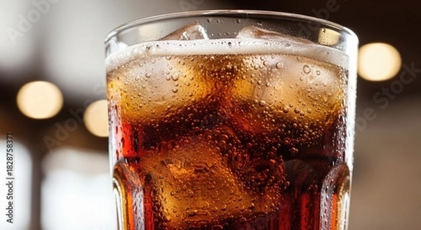 Obraz Refreshing cola with ice cubes and condensation drops, perfect for quenching thirst on a hot day, ideal for summer promotions and beverage ads
