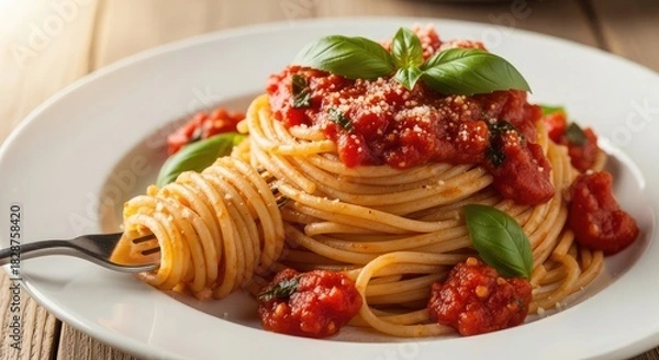 Obraz Enjoy a delicious plate of spaghetti with fresh tomato sauce and basil, perfect for your next Italian themed dinner party or restaurant menu promotion