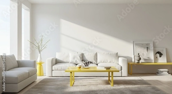 Obraz Inviting minimalist living room interior with bright yellow accents creates a calming and sophisticated space, perfect for modern home decor inspiration