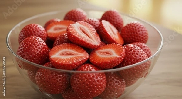 Obraz Fresh strawberries in glass bowl offer juicy sweetness, perfect for healthy summer snacking, baking inspirations, and vibrant dessert presentations